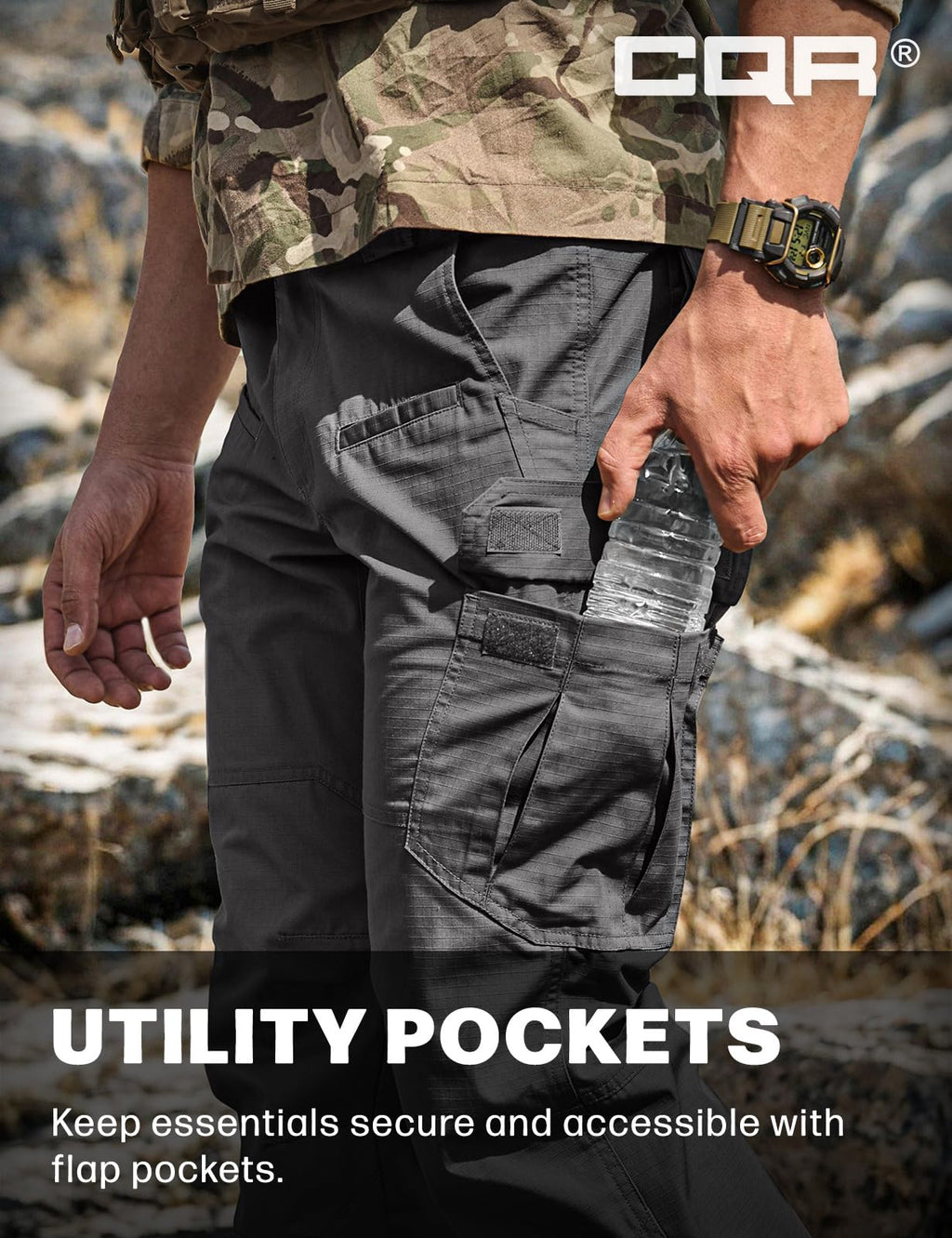 CQR Men's Tactical Pants, Water Resistant Ripstop Cargo Pants, Lightweight EDC Work Hiking Pants, Outdoor Apparel, Raider Charcoal, 44W x 32L