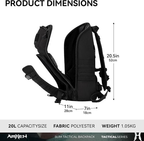 AMHEH 20L Slim Tactical Backpack - Rugged MOLLE Daypack with Suspended 13" Laptop Compartment | Black