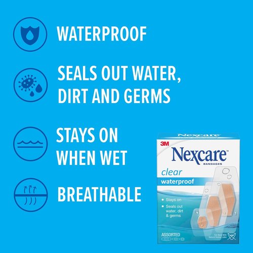 Nexcare Waterproof Clear Bandages - Stay On Skin in Water | 2.38 x 3.5 in, 30 Count