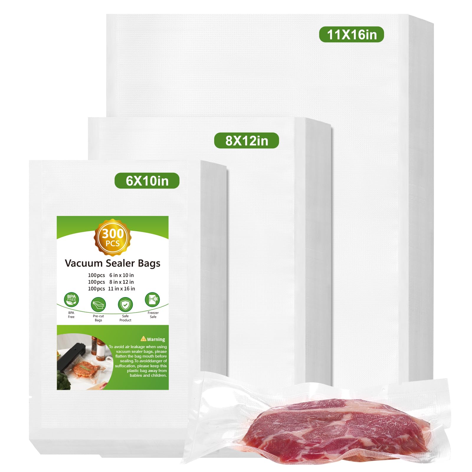 Moretoes 300pcs Vacuum Sealer Bags, 100 Gallon 11" x 16" and 100 Quart 8" x 12" and 100 Pint 6" x 10", BPA Free, Pre-cut Commercial Grade Vac Seal Meal Bags for Food Saver Storage, Meal Prep