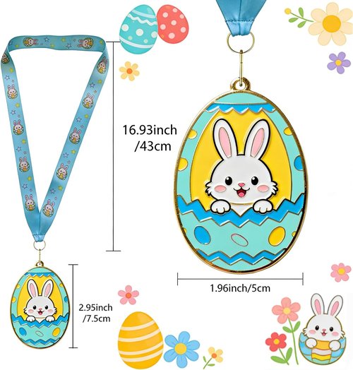 Gold Medals by Easter | 2.95 Inch Bunny Egg Shape Awards with Colorful Neck Ribbons for Egg Hunt Parties