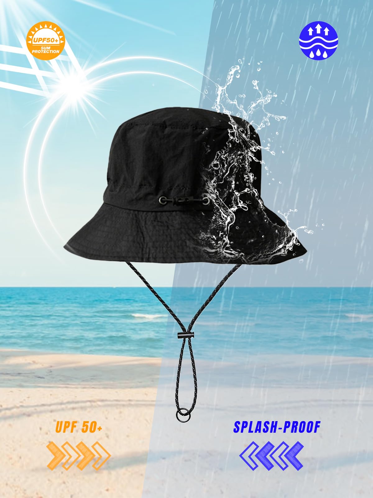 BAIKEA Splash-Proof Packable Bucket Hat for Men Women Lightweight Foldable Fishing Hiking Sun Hat with Adjustable Chin Strap Outdoor Rain Travel Cap One Size Black