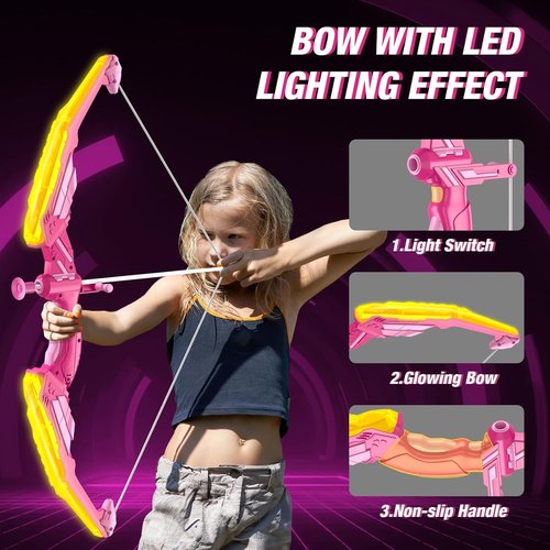 HYES Bow and Arrow Set for Kids - LED Light Up Archery with 24 Suction Cup Arrows & Targets | Ages 4-12