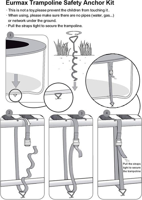 EURMAX USA Windproof Trampoline Stakes Anchor Kit | Heavy-Duty 4-Piece Steel Corkscrew Set for Secure Weatherproof Protection