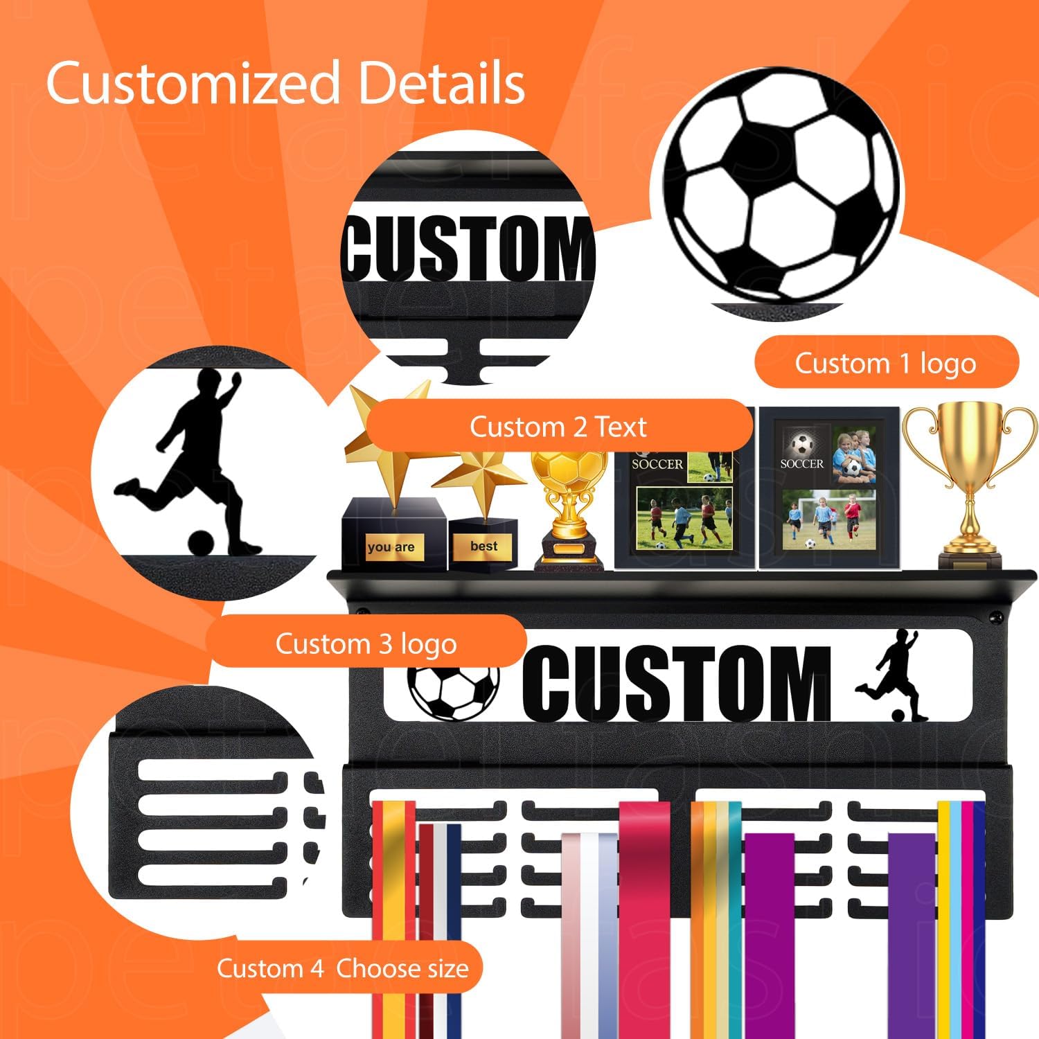 Personalized Medal Holder - Custom Name Display Rack for Awards & Ribbons | Metal Wall Mount for 63 Medals
