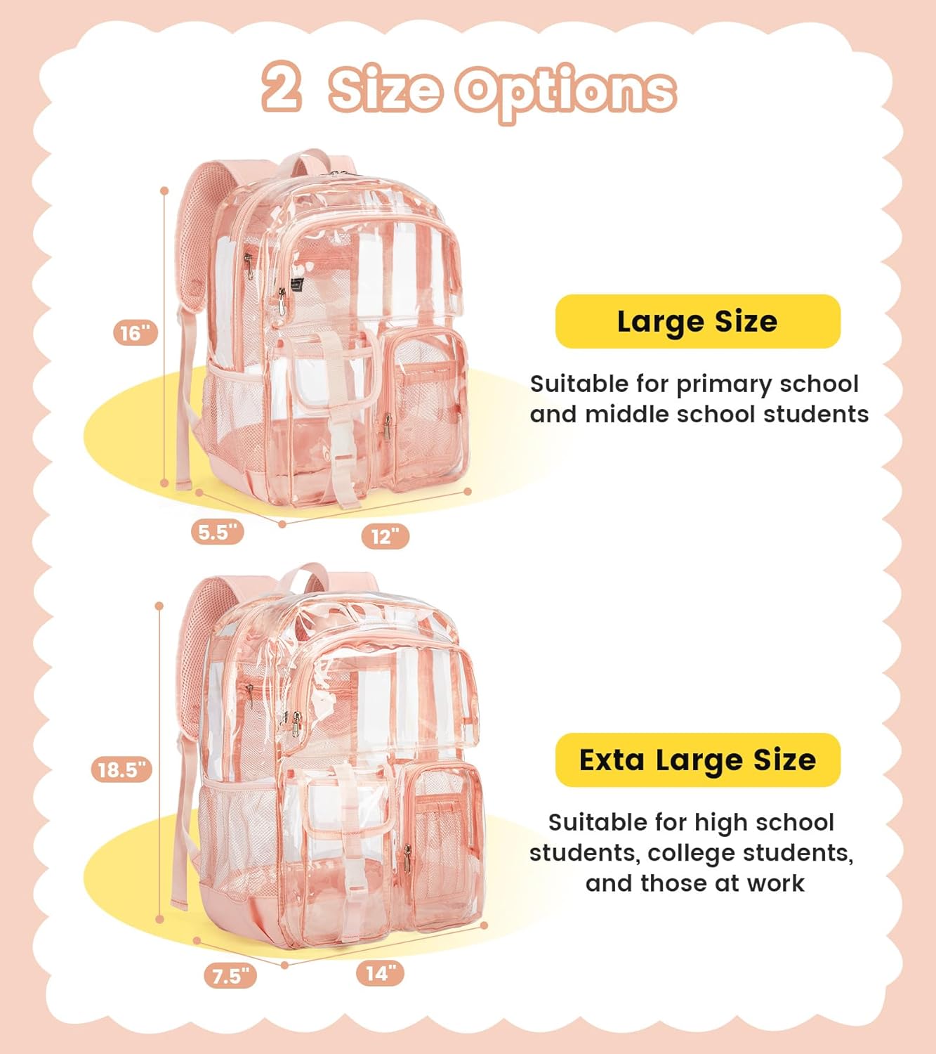 Vorspack Clear Backpack for School - Heavy Duty Transparent Bookbag for Girls Boys Extra Large See Through backpacks for Work, College, Travel - Pink