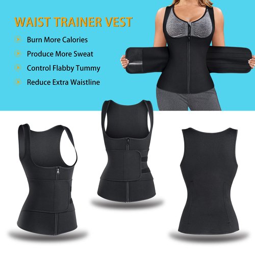 GAODI Women Waist Trainer Vest Slim Corset Neoprene Sauna Tank Top Zipper Workout Body Shaper Shirt (XL, Black Sauna Vest)