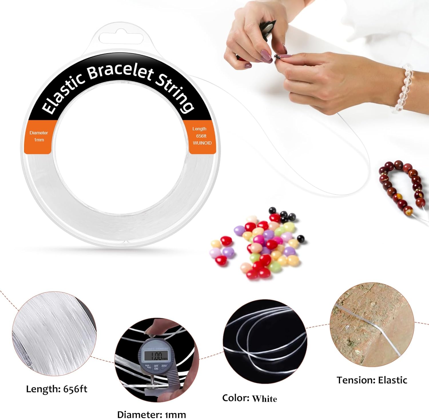WUINOID 1mm Elastic String Cord - 656ft White Bead Bracelet Making Supplies for Jewelry & Crafts