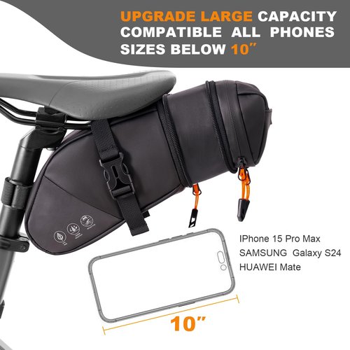 NDakter Bike Seat Bag, 2L Large Capacity Bicycle Saddle Bag, Waterproof Bike Pouch Under Seat, Storage Space Adjustable Bike Storage Bag with Large Reflective Coating, Bike Tool Pack for Adult Bike