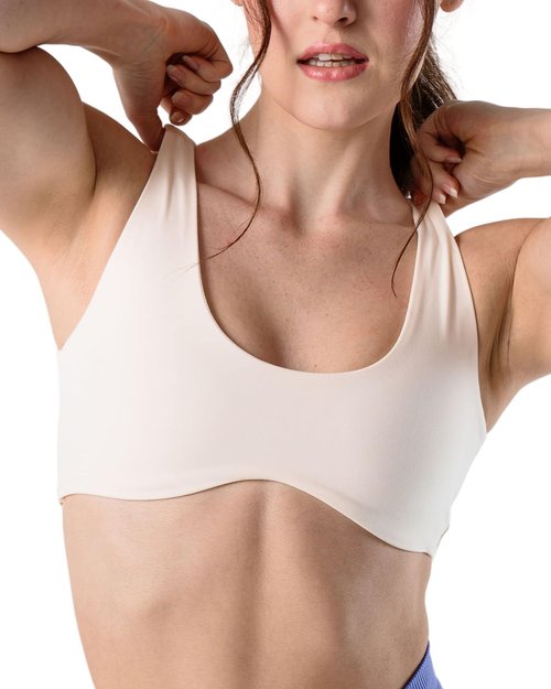 Kamo Fitness Cleo Scoop Neck Wireless - Double Lined Minimal Yoga Bralette | Low Impact Sports Bra (Gardenia, M)