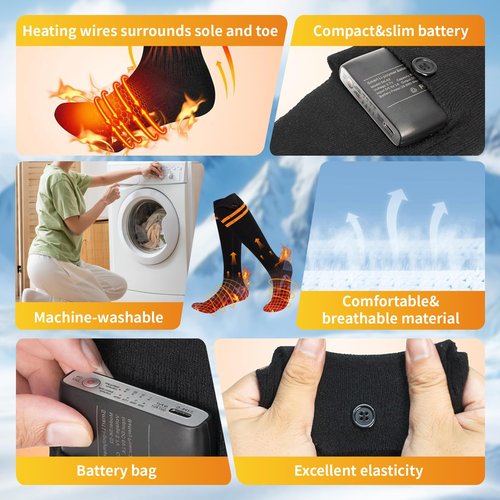 Qsocksy Electric Heated Socks for Men & Women - 6000mAh Rechargeable, Up to70 °C Large Heating Area, 8H Heat, Washable for Skiing, Hunting, Camping