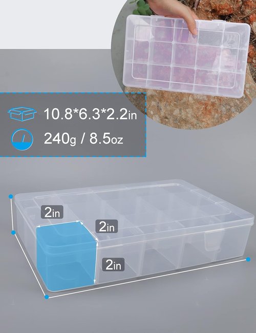 Hlotmeky Plastic Organizer Box - Clear Bead Organizer with 15 Large Grids for Snacks & Crafts