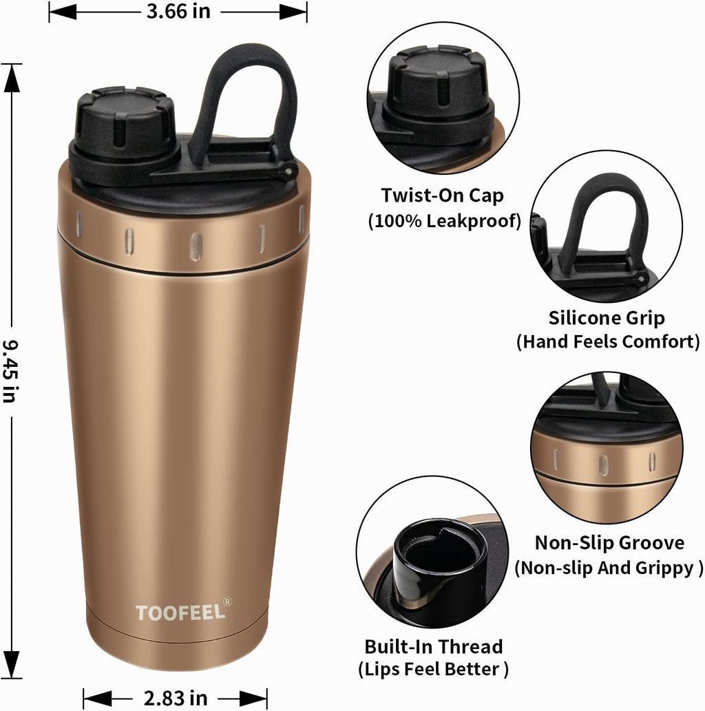 TOOFEEL Insulated Protein Shaker Bottle - 20 oz Stainless Steel, Double-Walled, BPA-Free | Keeps Drinks Cold or Hot