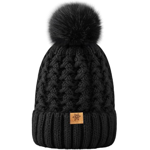 Trifabricy Womens Winter Hat Knit Crossed Cap Beanie Hats for Women Soft Warm Lined with Faxu Fur Pom Poms for Cold Weather Working Skiing Hiking Black