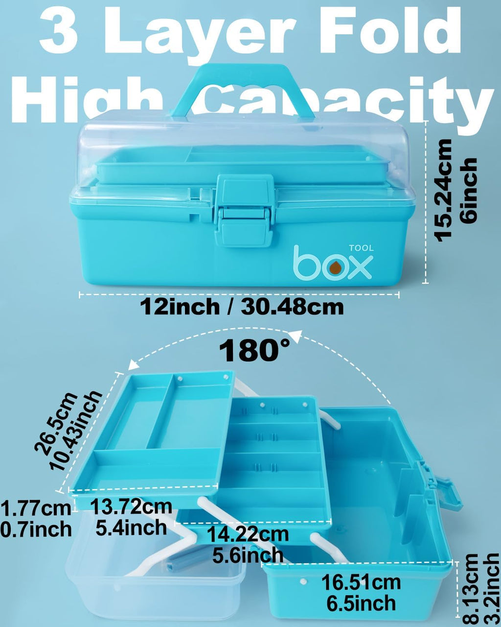 Skiennix 12-Inch 3-Layer Craft Organizer - Portable Tackle Box with Adjustable Dividers | Blue