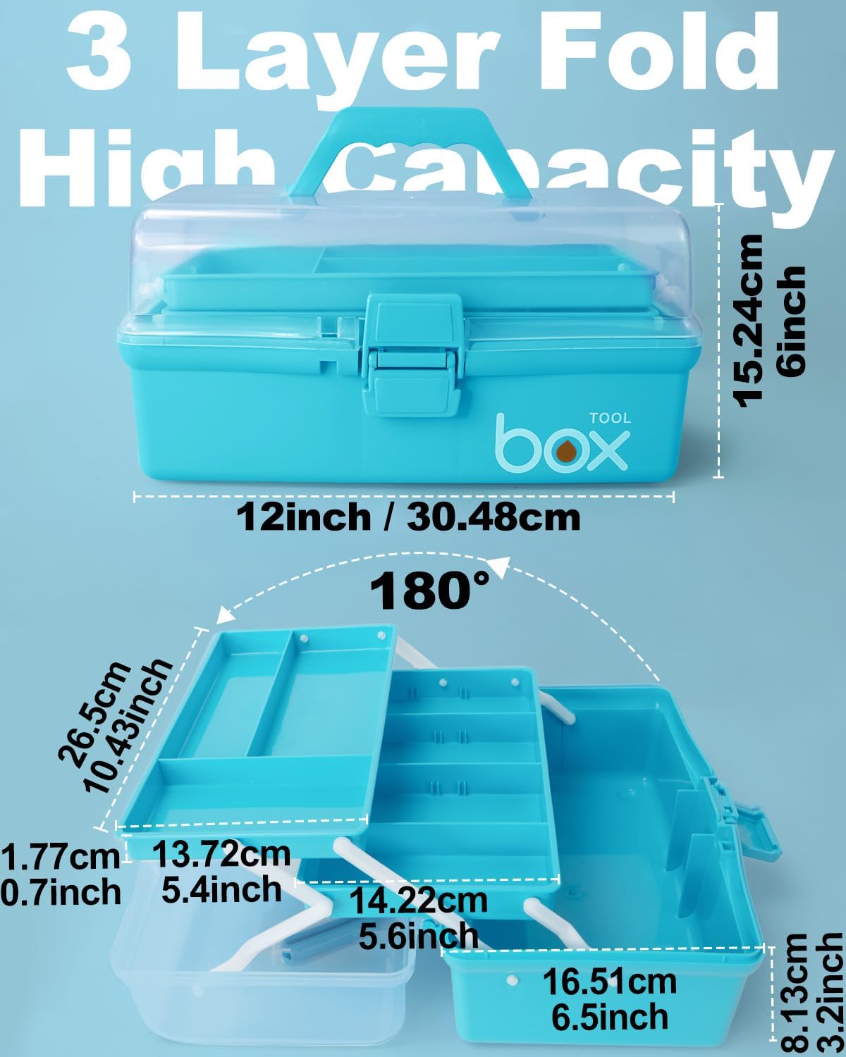 Skiennix 12-Inch 3-Layer Craft Organizer - Portable Tackle Box with Adjustable Dividers | Blue