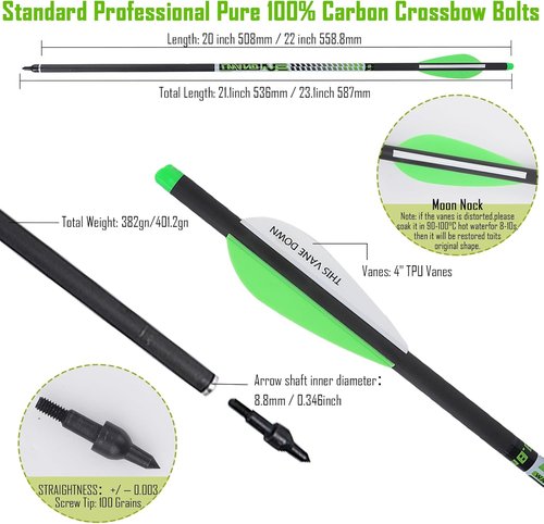 LWANO 100% Pure Carbon Crossbow Bolts Arrows 22 Inch Archery Arrows 12 Pack and 6 Pack Hunting Crossbow Broadheads kit for Hunting & Target Practice
