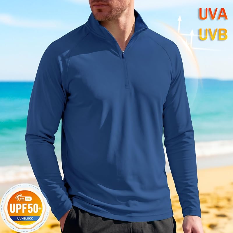 Magcomsen Men’s Long Sleeve Sun Shirt UPF 50+ 1/4 Zip - Blue Grey XL
