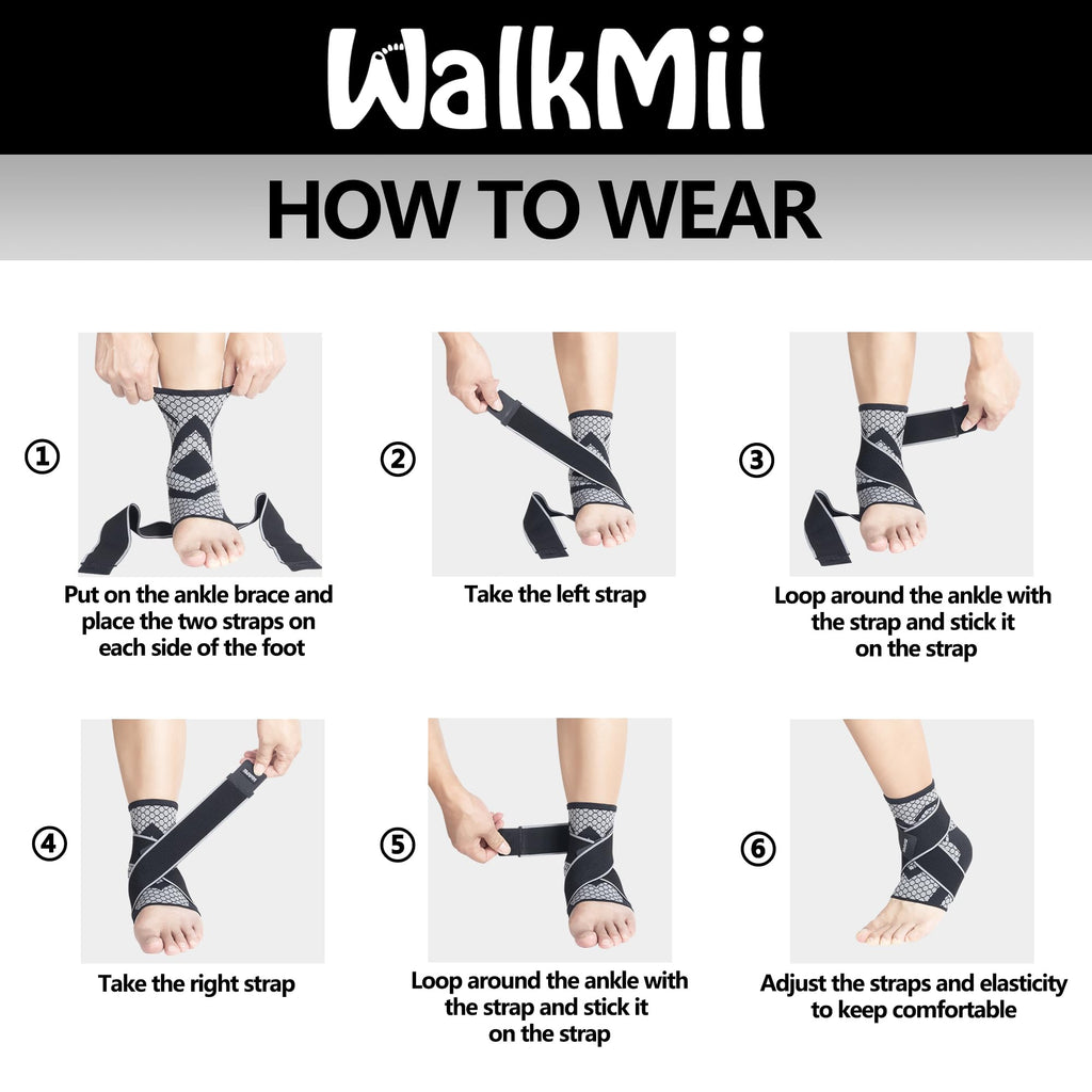 WalkMii Ankle Compression Sleeves (1 Pair)-Ankle Brace for Achilles Tendonitis, Sprain, Pain Relief, Plantar Fasciitis Ankle Support Socks with Adjustable Strap for Women & Men-L