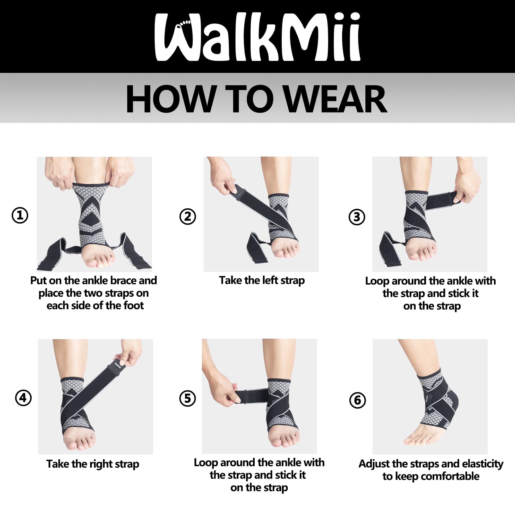 WalkMii Ankle Compression Sleeves (1 Pair)-Ankle Brace for Achilles Tendonitis, Sprain, Pain Relief, Plantar Fasciitis Ankle Support Socks with Adjustable Strap for Women & Men-L