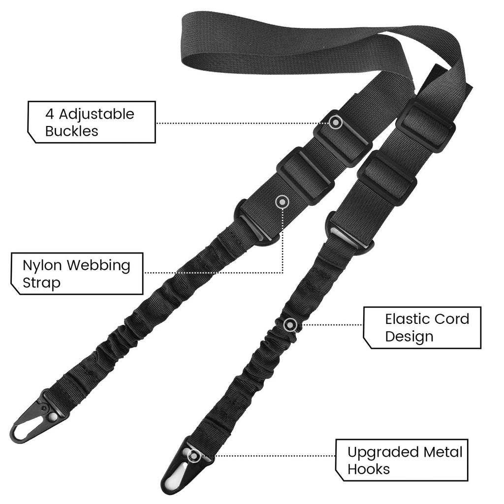 CVLIFE Two Points Sling with Length Adjuster Traditional Sling with Metal Hook for Outdoors Black 2 Pack