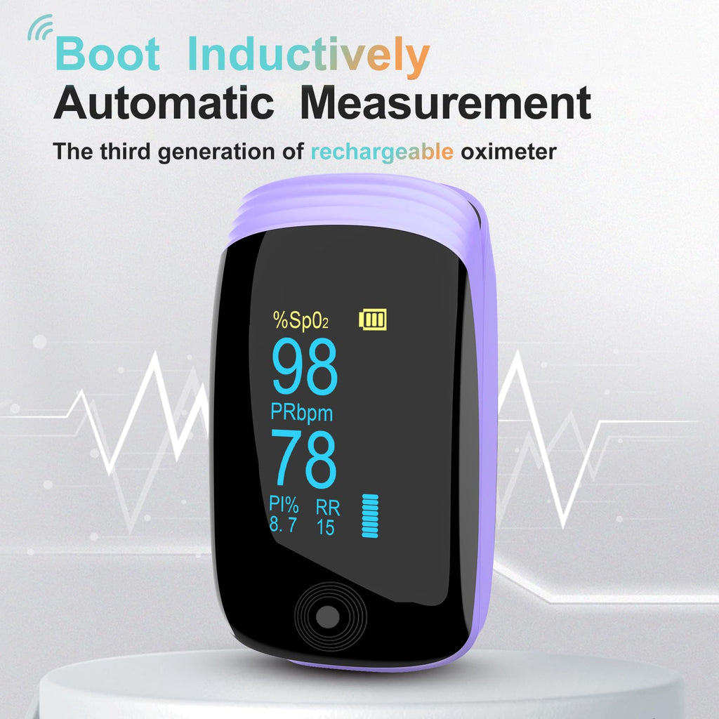 Pulse Oximeter with Respiration Rate, SpO2, PR & PI, Rechargeable Finger Oxygen Monitor - Fast, Accurate Reading for Sports & Aviation, Home Use - Portable OLED Display(Purple)