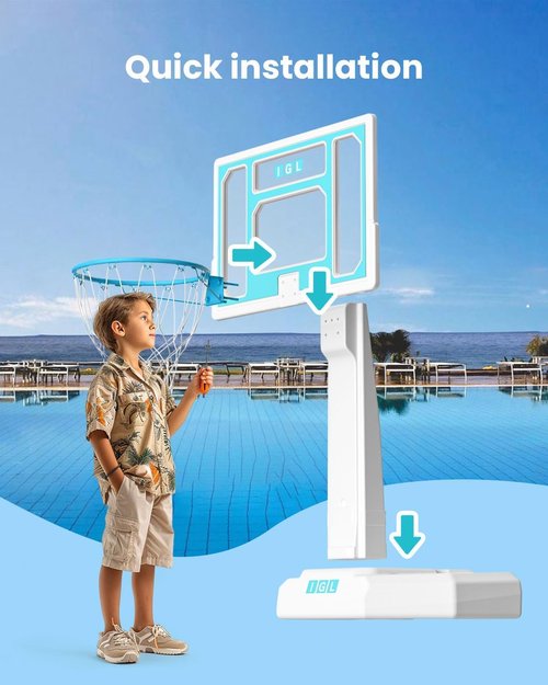IGL Pool Basketball Hoop - Durable Outdoor Poolside Design with Water Storage Base & 2 Balls | Stainless Steel Rim