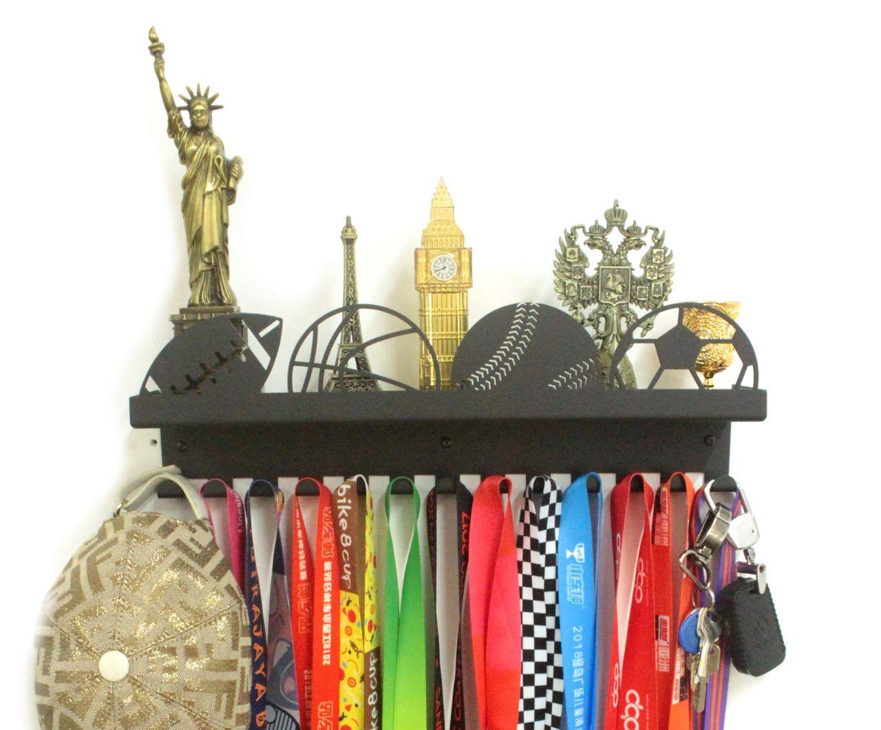 URBN BY MODERN HOME FINISHINGS Metal Wall Mount Sports Balls Design Kids & Adults Sports Medal Hanger Display, Ribbon Holder Rack with 3" Trophy Shelf Rack and Easy Hang Hooks, Black