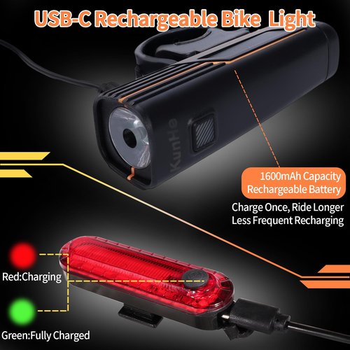 KunHe 227 Lumens 1600mAh Bike Light Set Rechargeable Front & Rear Bicycle Lights with IPX4 Waterproof 4 Modes for Night Cycling