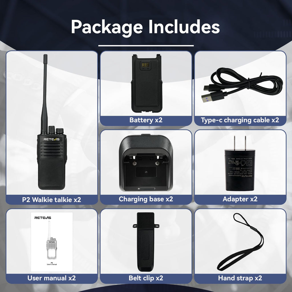 Retevis P2 IP68 Waterproof 2 Way Radio Long Range, GMRS Rechargeable Two Way Radio Long Distance,Professional Walkie Talkies Rechargeable,2500mAh,IP68,Noise Cancelling,for Warehouse Industrial(2 Pack)