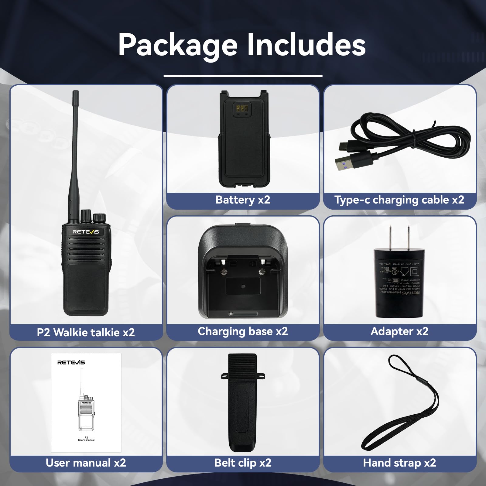 Retevis P2 IP68 Waterproof 2 Way Radio Long Range, GMRS Rechargeable Two Way Radio Long Distance,Professional Walkie Talkies Rechargeable,2500mAh,IP68,Noise Cancelling,for Warehouse Industrial(2 Pack)