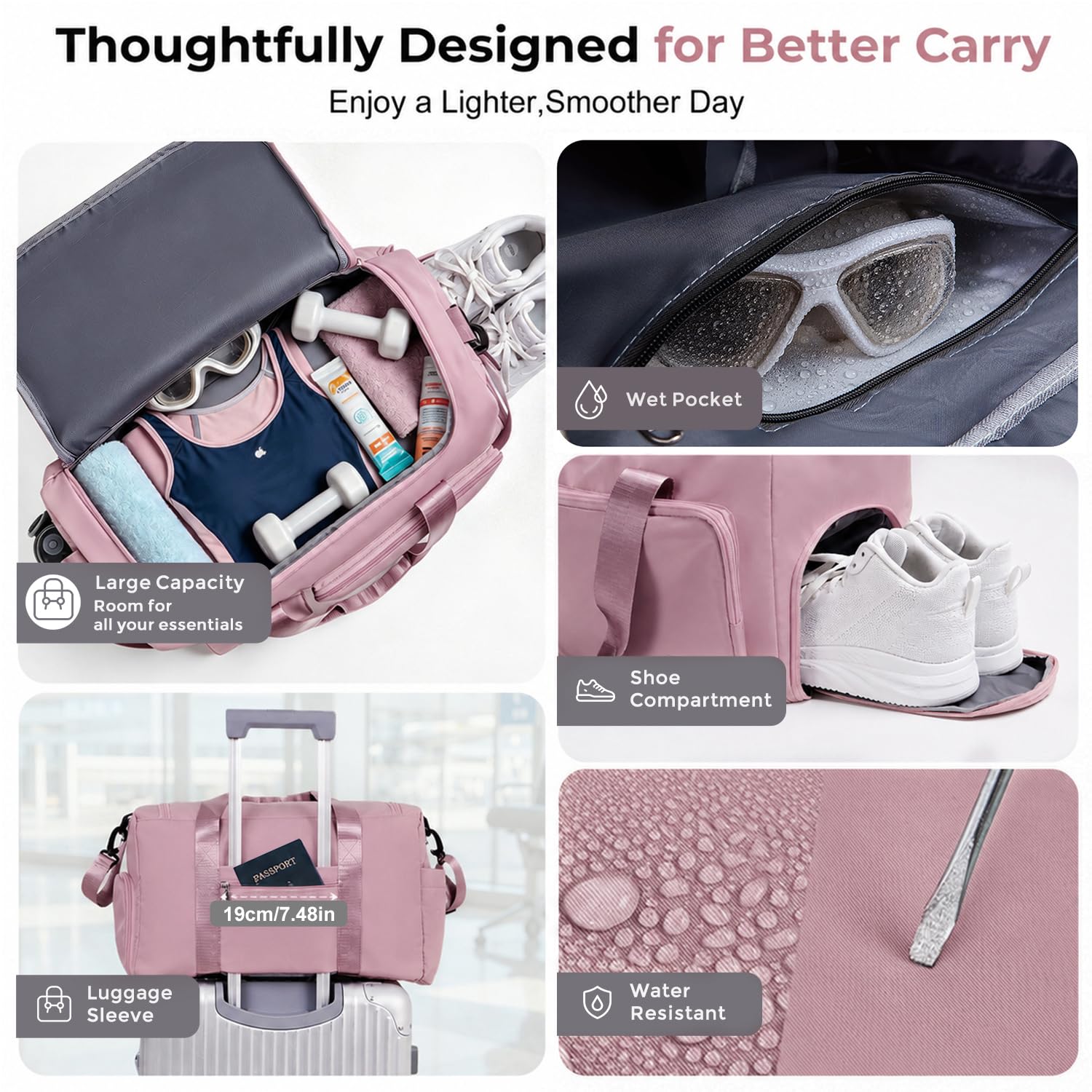 FIORETTO Women's Gym Duffle Bag with Shoes Compartment, 30L Capacity, Ideal for Travel, Gym, Sports, Duffel, Weekender, Pink