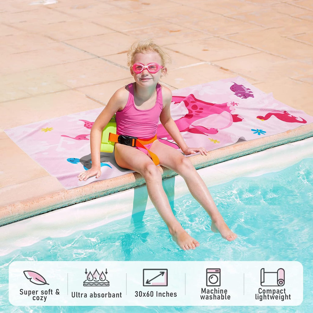 WERNNSAI Dinosaur Kids Beach Towel - Quick-Dry Microfiber, 30” x 60” Ultra-Soft Dino Design for Bath & Travel