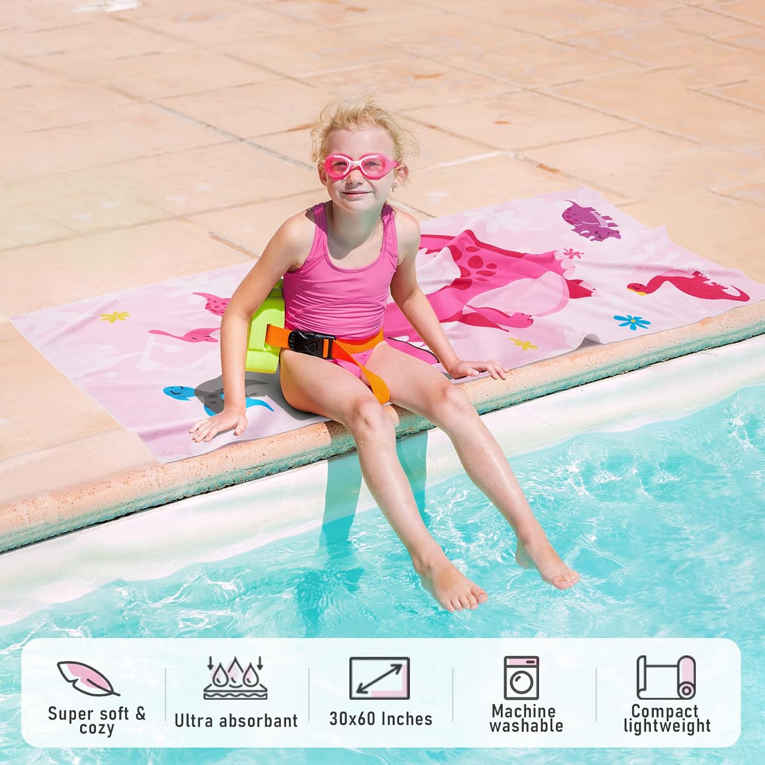 WERNNSAI Dinosaur Kids Beach Towel - Quick-Dry Microfiber, 30” x 60” Ultra-Soft Dino Design for Bath & Travel