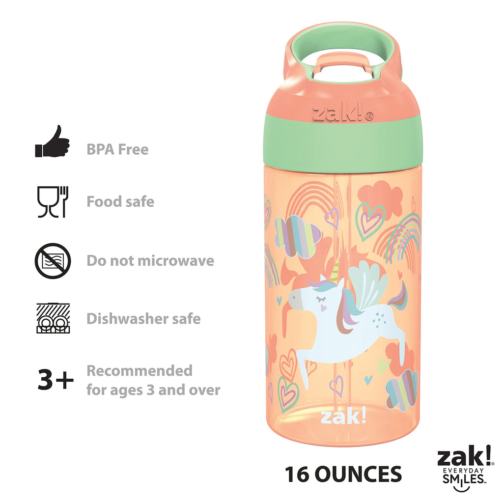 Zak Designs 16oz Riverside Kids Water Bottle with Spout Cover and Built-in Carrying Loop, Made of Durable Plastic, Leak-Proof Water Bottle Design for Travel (Unicorn & Shells, Pack of 2)