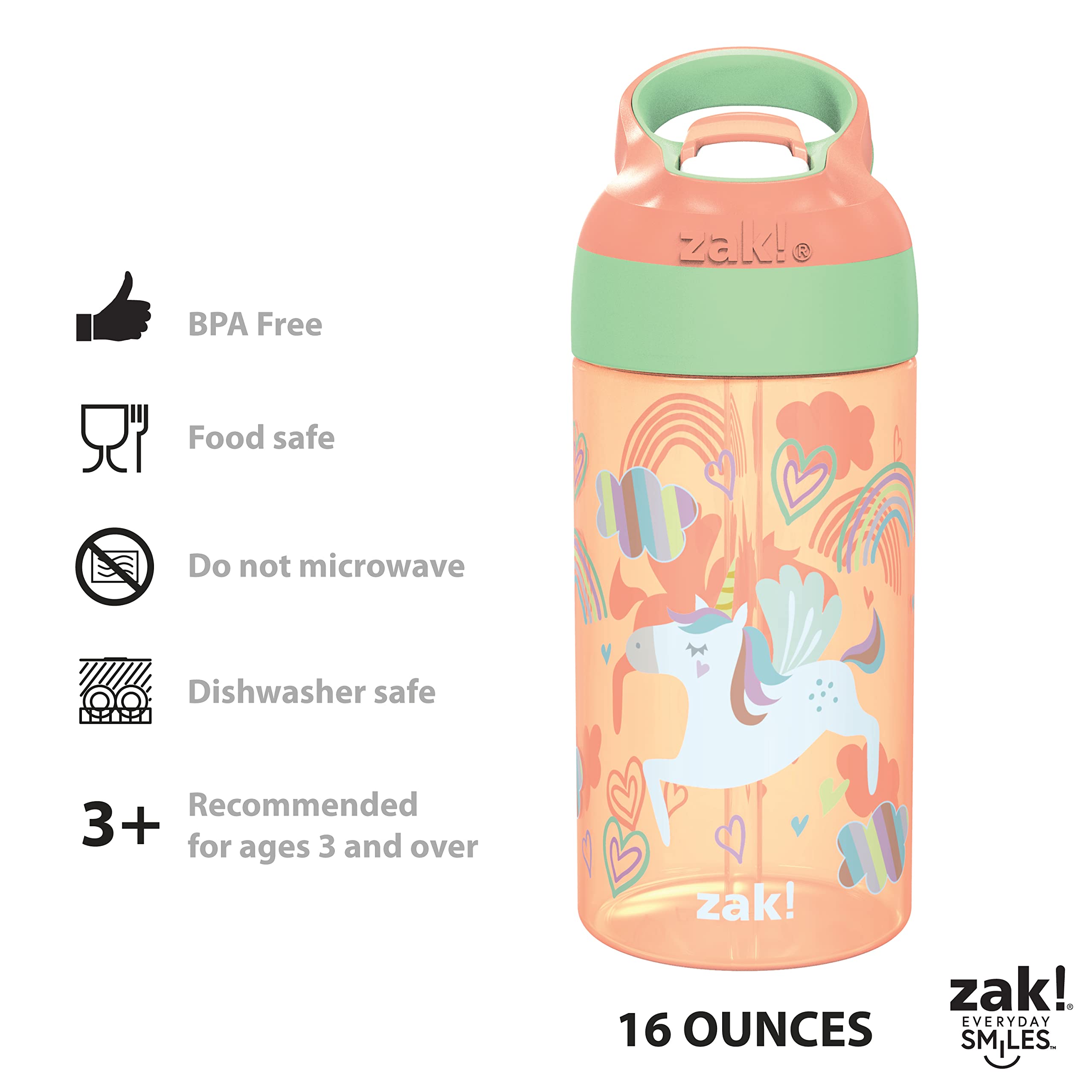 Zak Designs 16oz Riverside Kids Water Bottle with Spout Cover and Built-in Carrying Loop, Made of Durable Plastic, Leak-Proof Water Bottle Design for Travel (Unicorn & Shells, Pack of 2)