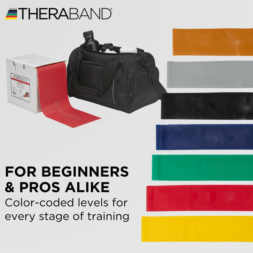 THERABAND Resistance Band, Red, Medium, 25-Yard Roll, Latex-Free, Elastic Exercise Band, Physical Therapy, Yoga, Pilates, Stretching, Home Workout, Cut-to-Length, Color-Coded Resistance Levels