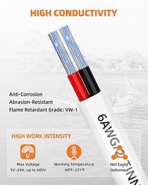 CONEPY 6 Gauge Marine Wire - 6/2 Duplex Marine Grade Cable | IP68 Waterproof Tinned Copper (50FT)