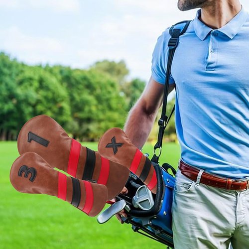 Forenee Golf Club Head Covers for Fairway Wood Hybrid, 3 Pack Brown Golf Accessories, Diver Headcover Set Numbered 1,3,X, PU Leather Exterior & Plush Lined for Extra Protection
