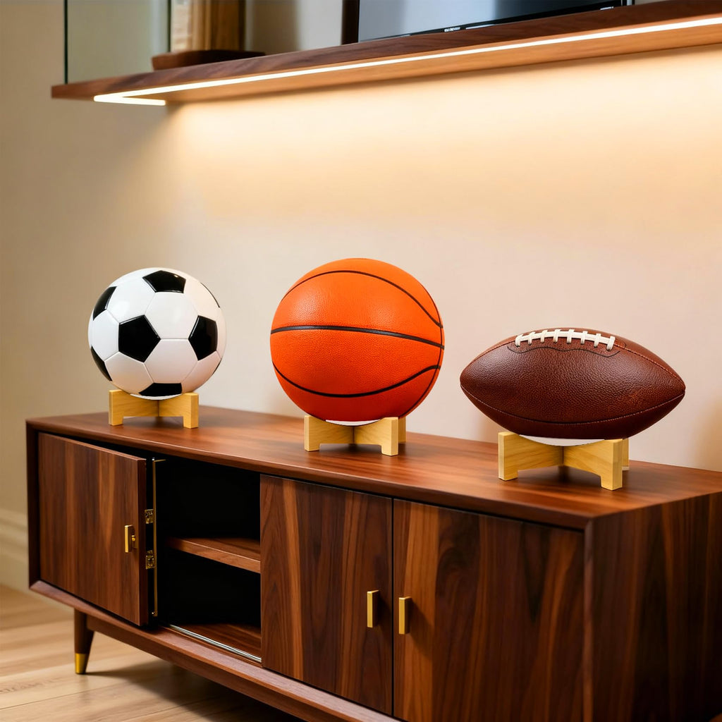 HILELIFE Football Display Stand – Natural Wood Ball Stand for Footballs, Basketballs, Soccer Balls, Memorabilia & Sports Collectibles, Bamboo Ball Holder for Desk Shelf