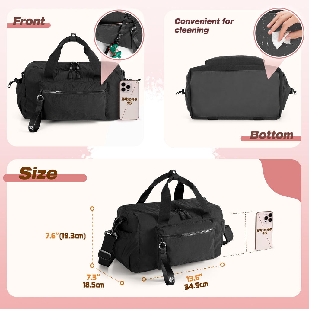Prokva Small Gym Bag for Women, Mini Duffle Bag with Wet Compartment, 12L Travel Carry on Weekender Bag for Sports, Workout and Fitness, Black