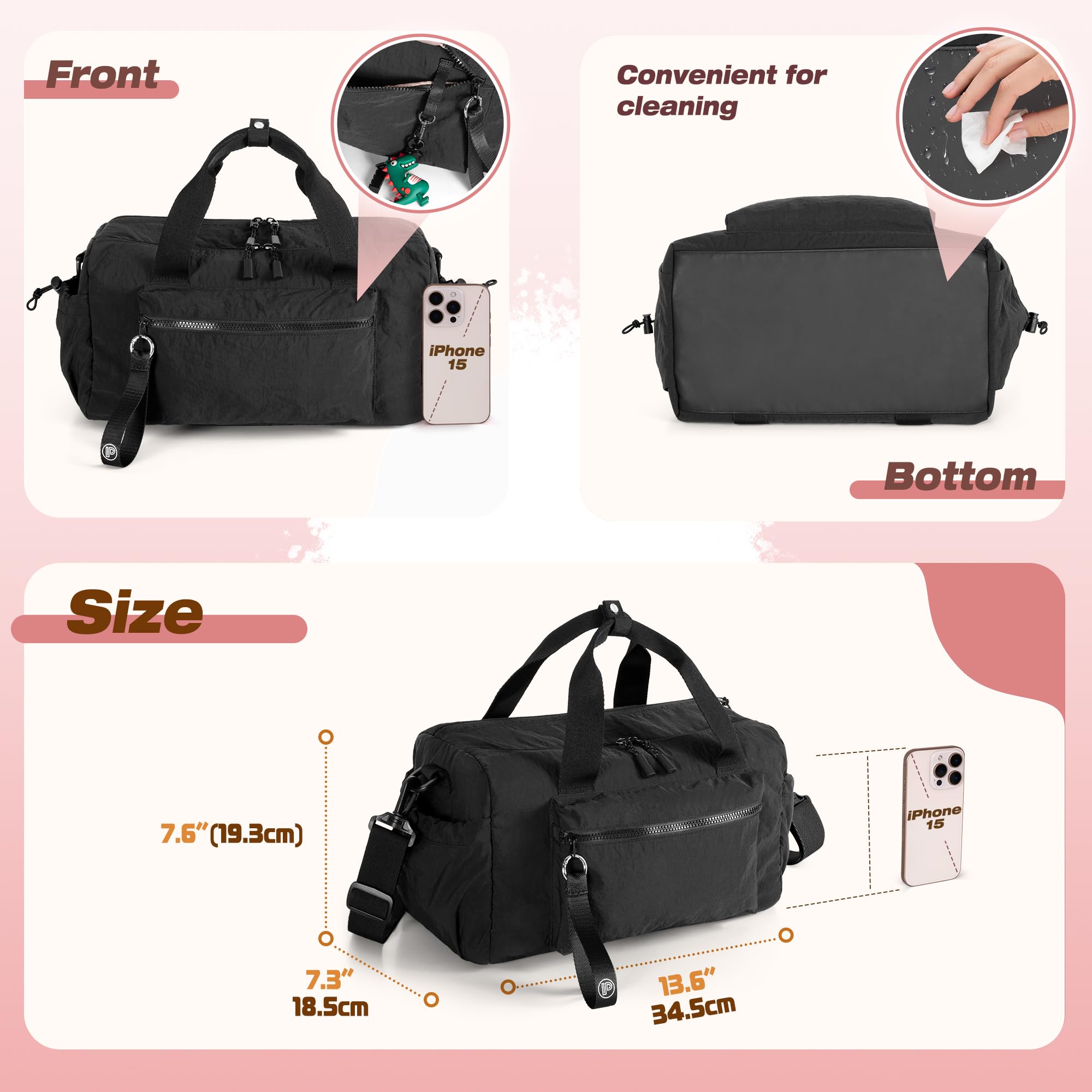 Prokva Small Gym Bag for Women, Mini Duffle Bag with Wet Compartment, 12L Travel Carry on Weekender Bag for Sports, Workout and Fitness, Black
