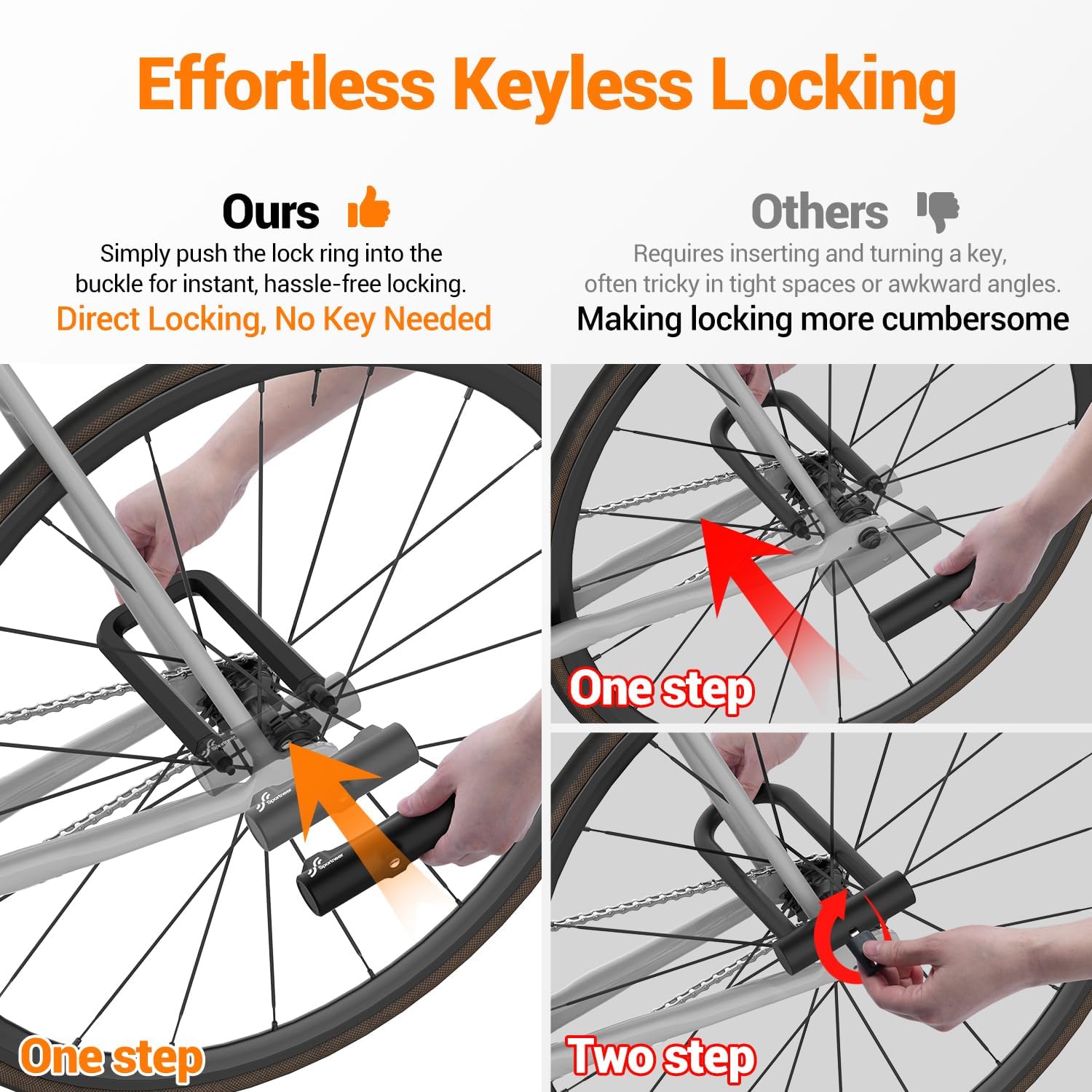 Sportneer Heavy-Duty Bicycle Lock - 18mm Anti-Theft U-Lock with 5ft Steel Cable & 3 Keys | Fits Road & Mountain Bikes, Size 8.58'' x 4.85''