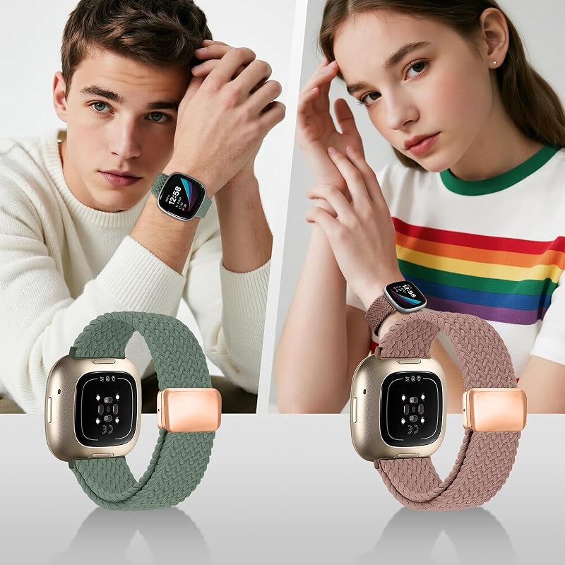 Braided Band for Fitbit Versa 4/3 & Sense 2/1 with Magnetic Clasp - Adjustable Nylon Sport Strap (Starlight/Pink Sand/Pine Needle Green)