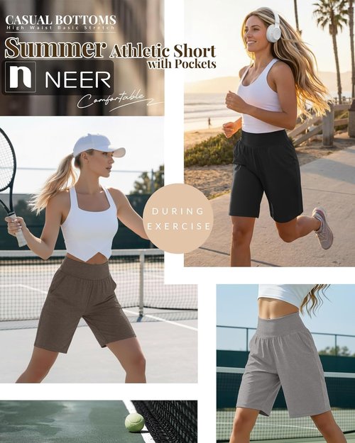 Neer Women's Bermuda Shorts - High Waist Stretch Casual Knee-Length Athletic Shorts with Pockets | 3 Pack