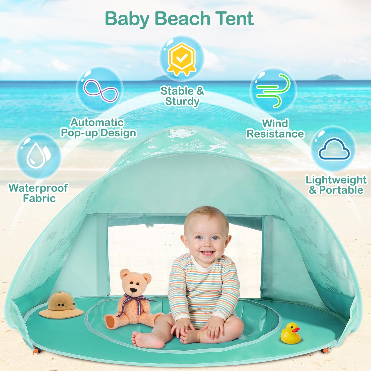 Zooawa Baby Beach Tent, Pop Up Beach Tent Sun Shade for Beach, Portable Shade Pool UV Protection Sun Shelter for Infant with Beach Sand Toys Set, Yellow