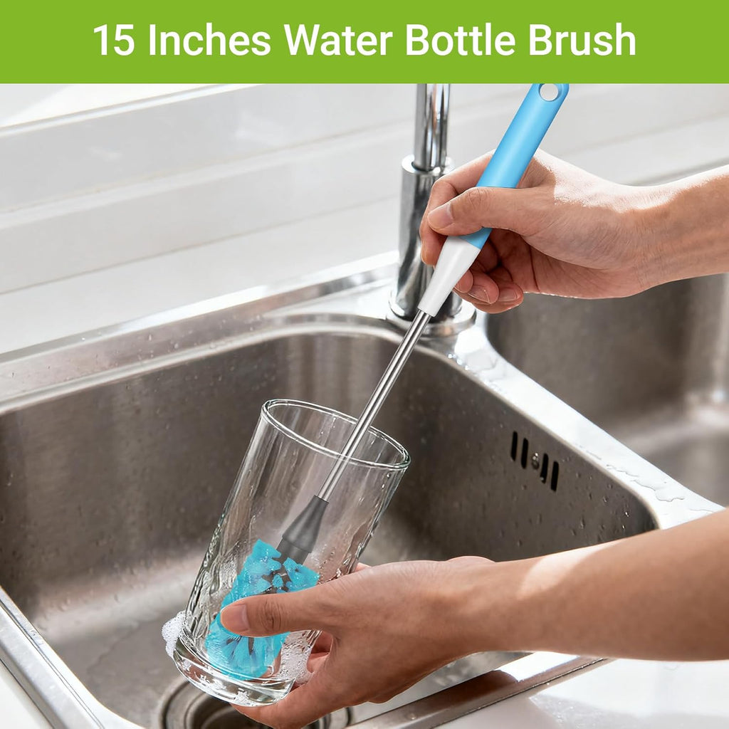 Skiennix 3-in-1 Bottle Brush - 15-Inch Long Handle for Easy Cleaning of Wine Glasses, Tumblers & Mugs