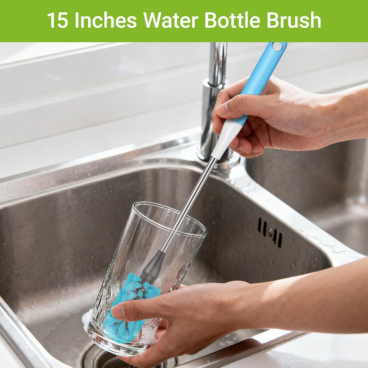 Skiennix 3-in-1 Bottle Brush - 15-Inch Long Handle for Easy Cleaning of Wine Glasses, Tumblers & Mugs