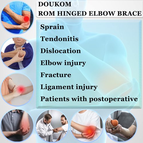 DOUKOM Hinged Post Op Elbow Brace, Adjustable Range of Motion Support Stabilizer for Dislocated Arm, Post Tendon Injury & Surgery Pain Relief Recovery, Right