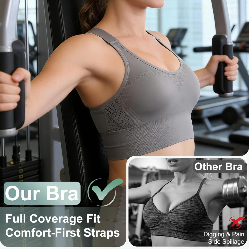 Skiennix Adjustable Sports Bras - High Support Padded Racerback for Large Bust | 3 Pack for Workout & Gym